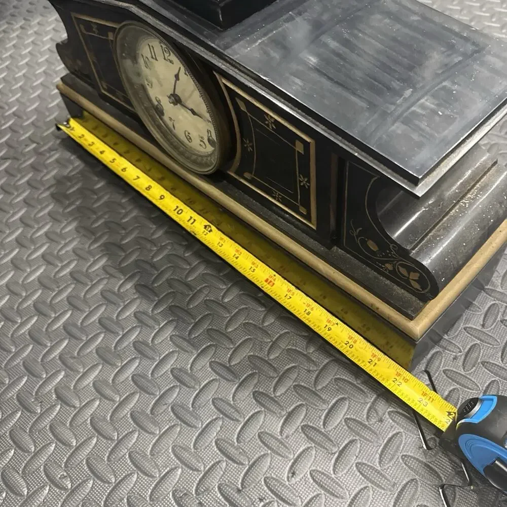 Antique Enameled Wood Mantle Clock With Gold Stenciled Floral Motif *